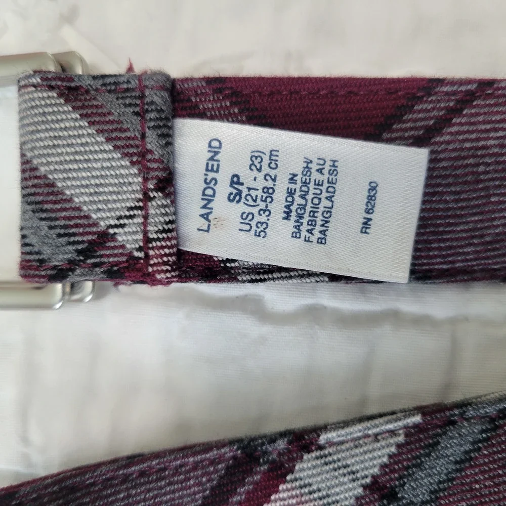 Lands' End Plaid Uniform Belt Burgundy & Gray Silver D Ring Buckle Small EUC
